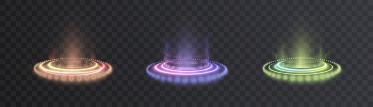 A set of neon portals with teleportation platform effects on a dark background. Suitable for science fiction, game interfaces, magical scenes, and fantasy illustrations.