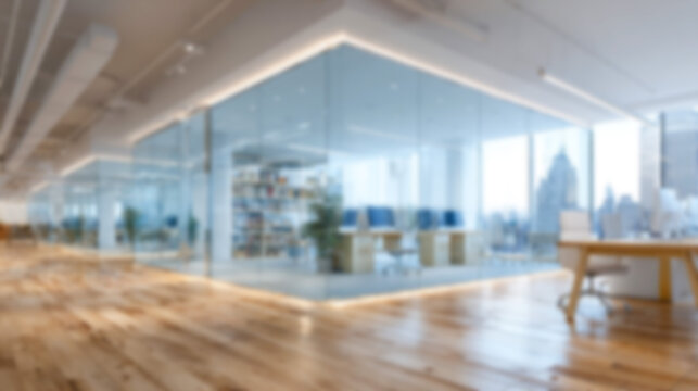 Blurred modern office interior background with warm wooden floors and clear glass partitions. Ideal for corporate virtual meeting backdrops, website designs, and professional presentations.