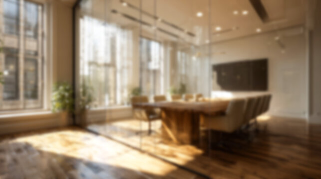 Blurred modern conference room interior with warm natural light and wooden floor. Ideal professional background for virtual meetings, zoom, websites, and business presentations.
