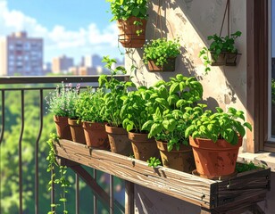 Sunny Balcony Garden with Herbs and Plants in Terracotta Pots, City View