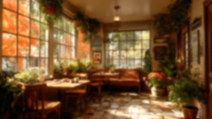 Blurred cafe interior background with warm natural light, green plants, and cozy wooden furniture. Ideal for virtual meetings, website backdrops, and peaceful presentations.
