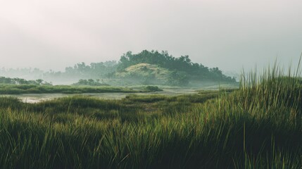 Obraz premium Misty morning landscape with tall grass and distant wooded hills