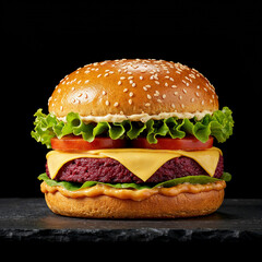 Juicy gourmet beet burger with melted cheese and fresh greens on a sesame seed bun