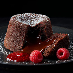 Indulge in this decadent chocolate lava cake with fresh raspberries and a dusting of sugar