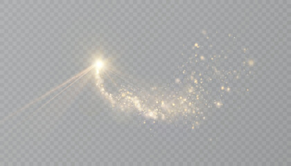 Naklejka premium Glowing golden dust swirl with luminous particles and magical curved trail on transparent background. Suitable for fantasy effects, fairy visuals, abstract energy flows, and enchanted light design. 
