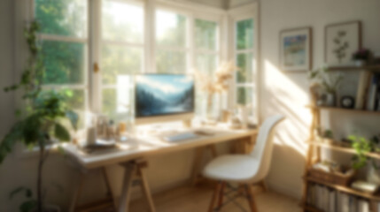 Blurred modern minimalist home office interior with soft natural light and warm tones. Ideal for virtual meeting backgrounds, relaxed workspaces, website headers, and serene design aesthetics.