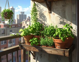 Urban balcony garden with basil, herbs, and hanging plants against a city skyline.