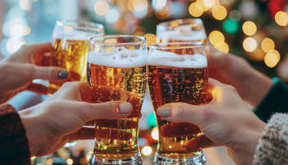 Christmas Party Toast — Clinking Beer Glasses with Colorful Holiday Lights