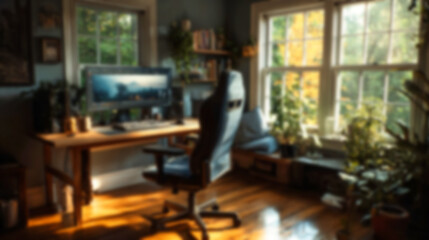 Fototapeta premium Cozy home office interior, blurred with soft focus and natural golden light. Features green foliage outside large windows and earthy tones, perfect as a virtual meeting background, website, or desi