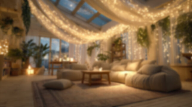 Blurred cozy living room interior with warm golden string lights and soft neutral tones. Ideal modern background for virtual meetings, website designs, or luxury lifestyle content.