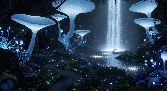Magical Fantasy Forest with Huge Glowing Blue Mushrooms and Waterfall, Stunning Sci-Fi Alien Landscape and Enchanted Fairy Tale Cave Environment - Powered by Adobe