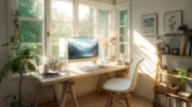 Blurred modern minimalist home office interior with soft natural light and warm tones. Ideal for virtual meeting backgrounds, relaxed workspaces, website headers, and serene design aesthetics.