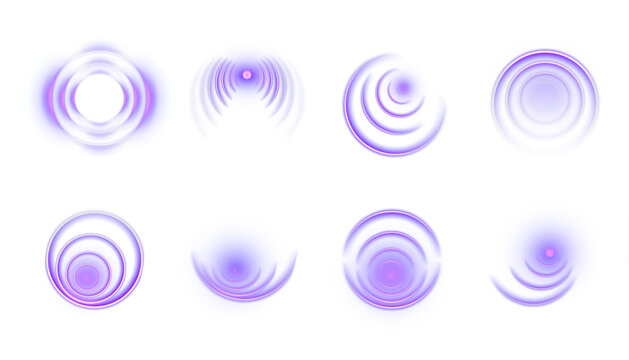 Set of glowing purple concentric circles and wave vibration effects on white background. Futuristic luminous rings for UI design, sound waves, radar visuals, digital motion graphics