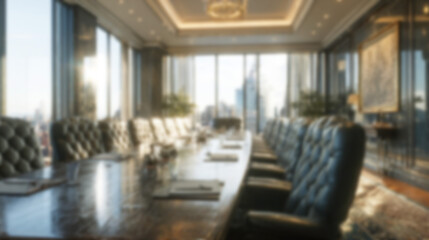 Blurred luxury conference room with elegant modern interior, natural light, and cityscape views. Ideal for virtual meetings, professional presentations, zoom backgrounds, and corporate branding.