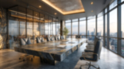 Blurred modern luxury meeting room interior with city view, dark marble table, and executive chairs. Ideal for virtual meetings, professional presentations, and website backgrounds.