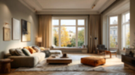 Blurred modern living room interior with warm natural light, elegant minimalist decor, and a large window view of autumn trees. Ideal for virtual meeting backgrounds, website design, and presentati