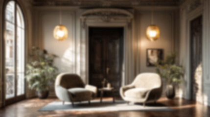 Blurred elegant interior background with soft focus, warm lighting, and luxury decor. Perfect for virtual meetings, website backdrops, and sophisticated presentations.