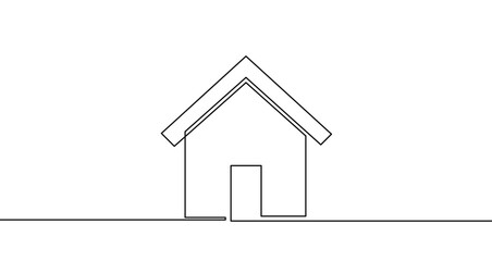 Simple house with a roof and door in one line art style. Drawing of a dwelling symbol with editable black stroke on a white background. Vector illustration.