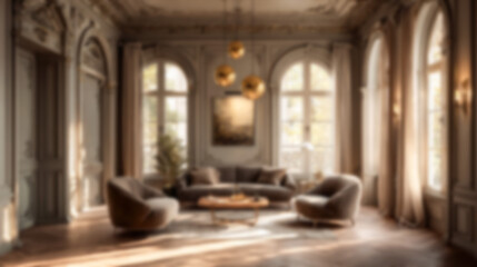 Luxurious blurred interior background with elegant classic design, warm golden tones, and soft natural light. Ideal for sophisticated presentations, luxury branding, website, and virtual meeting ba