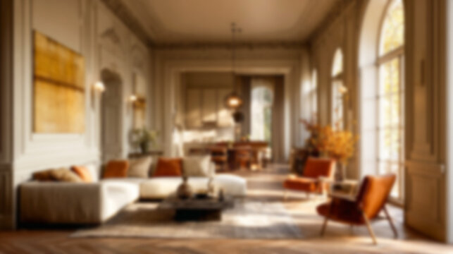 Blurred luxury interior design, modern minimalist living room with warm natural light & neutral tones, ideal for virtual meeting backgrounds, website design, or elegant presentations.