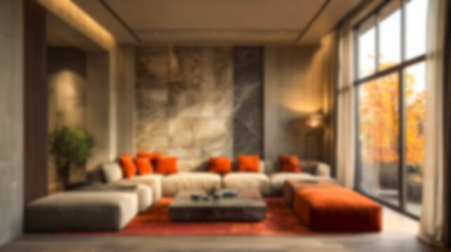 Blurred modern living room interior background with warm lighting, neutral walls, and vibrant orange accents. Ideal for luxury virtual meeting, website design, and minimalist presentations.