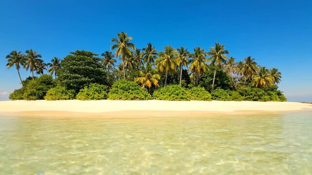 A serene tropical island, boasting lush green vegetation, sandy beach, transparent waters, and a clear blue sky