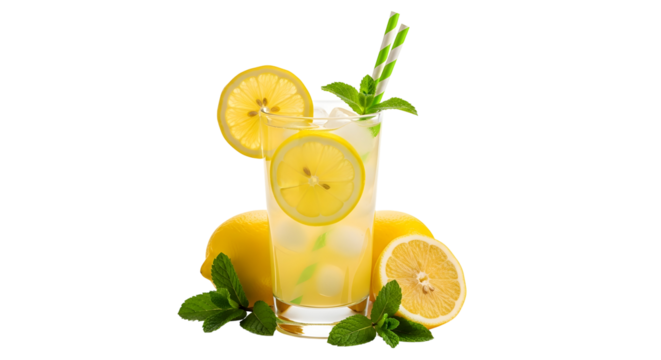 Refreshing lemonade with lemon slices, mint leaves, and ice cubes, a perfect summer drink isolated on transparent background - Powered by Adobe