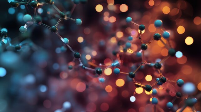 A close-up view of a molecular structure with vivid colors and bokeh effect. The image is vibrant and visually engaging, showcasing the beauty of science.