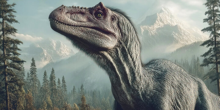Cryolophosaurus roams a primeval landscape with mountains and forests