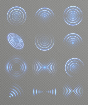 Set of glowing blue radar and ripple wave effects on transparent background. Circular signal elements for user interface, futuristic HUD visuals, scanning animations, or sonar display design.	
