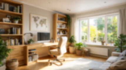Blurred modern home office interior with warm natural light, wooden shelves, and green plants. Ideal for virtual meetings, website backgrounds, or cozy remote work concepts.