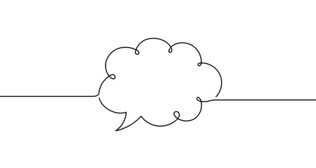 Cloud-shaped speech or thought bubble in one line art style. Drawing of a thought or idea symbol with editable black stroke on a white background. Vector illustration.