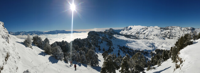 L' hiver en montagne , massif de la Chartreuse , panoramique sur  l' Aulp du Seuil , Col de Marcieu , Isère , France