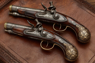 Vintage flintlock pistols showcase intricate design from a historic duel era