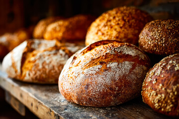 Assorted rustic artisan bread loaves on a wooden surface