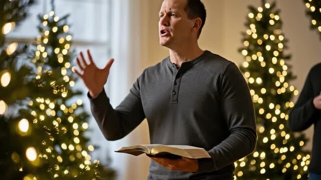 Man preaching bible verses during Christmas service, sharing Christian faith and spiritual concepts for religious event
