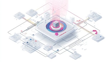 Fototapeta premium An abstract digital illustration showcasing a futuristic hub surrounded by interconnected elements in a tech-inspired design.