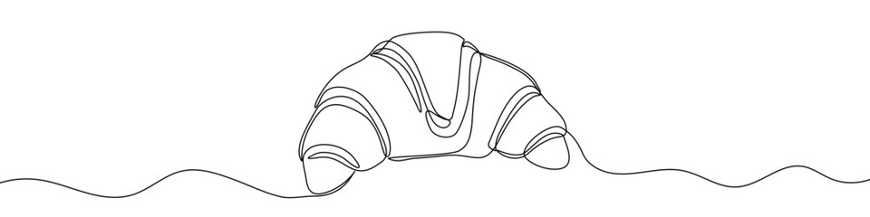 Classic French croissant in one line art style. Drawing of a pastry or breakfast item with editable black stroke on a white background. Vector illustration. © Viktoriia