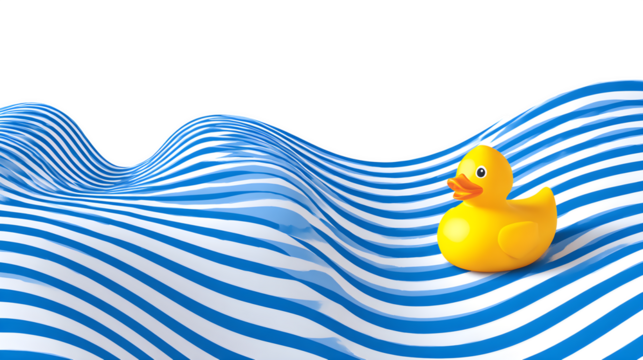 Rubber Duck on Wavy Water 3d rendered, isolated on transparent background
