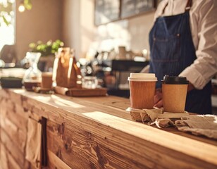 Warm Cafe Scene: Coffee Cups on Wooden Counter with Barista in Background