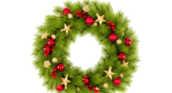 Festive christmas wreath with red ornaments and gold stars, a beautiful holiday decoration isolated on transparent background