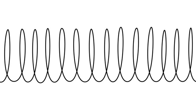 Horizontal row of continuous vertical circles or a stretched spiral in one line art style. Drawing of a motion or spring symbol with editable black stroke on a white background. Vector illustration.