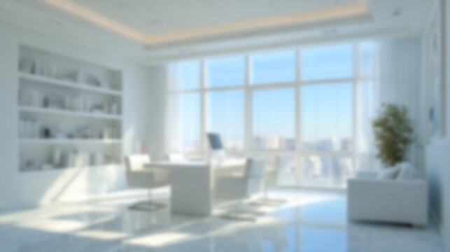 Blurred modern minimalist office interior, bright white and neutral tones with natural light. Ideal background for virtual meetings, Zoom calls, website, and professional presentations.