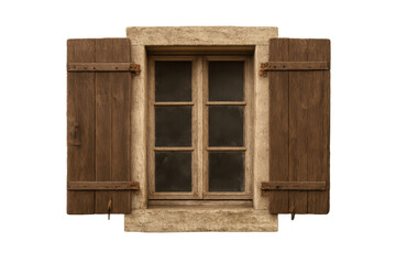 Old rustic window with open wooden shutters on stone wall, vintage european house architecture on transparent background