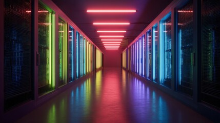 Fototapeta premium A sleek corridor in a modern data center, illuminated by colorful, neon lights. The rows of server cabinets emanate a futuristic ambiance, showcasing advanced technology.
