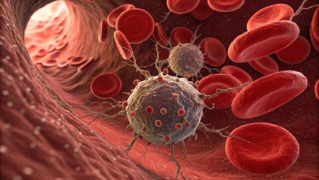 Microscopic view of a white blood cell surrounded by red blood cells in a blood vessel - Powered by Adobe