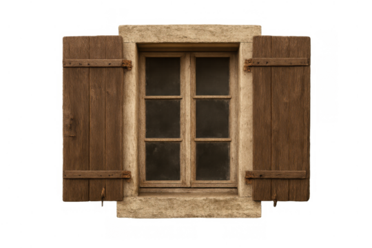 Old rustic window with open wooden shutters on stone wall, vintage european house architecture on transparent background - Powered by Adobe