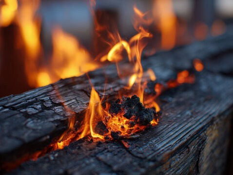 Flickering orange flames ignite charred wood with glowing embers in a close-up view of a rustic fire burning intensely in the evening outdoors