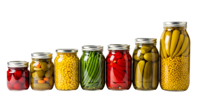 Variety of homemade canned and pickled food in glass jars isolated on transparent background