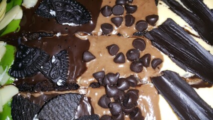 Very delicious chocolate cake close up shot. ice cream with chocolate 